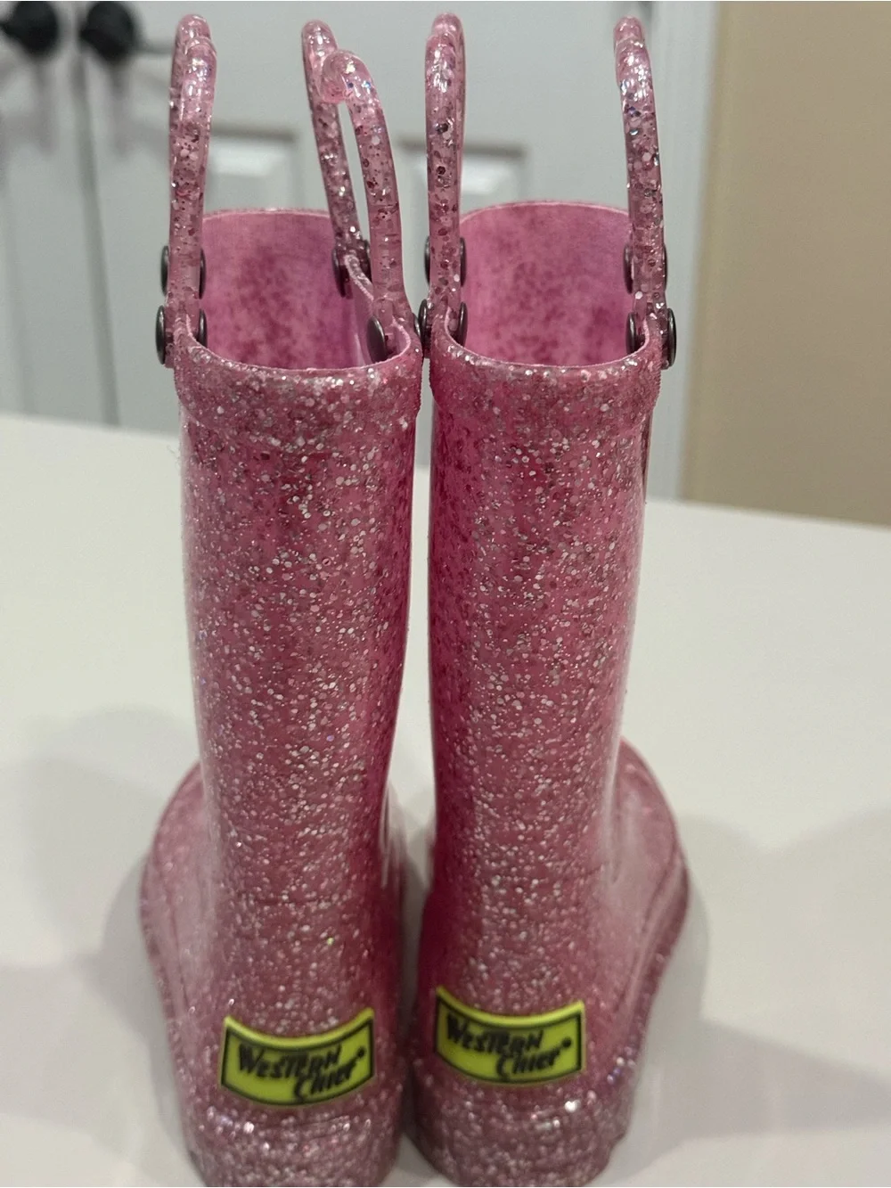 Western Chief Glitter Pink Girls Rain Boots with Pull Handles Size 6